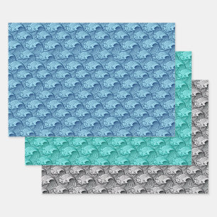 Feuille De Papier Cadeau Vagues japonaises vintages, Bleu.Turquoise, Bleu/B