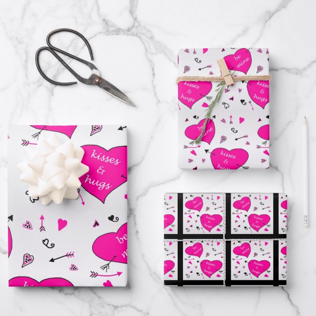 Feuille De Papier Cadeau Valentines Day Coeurs roses Ennuis dans Baisers (Recto)