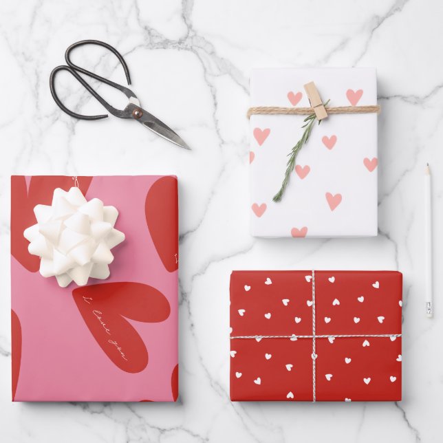 Feuille De Papier Cadeau Valentine's Day Modern Red & Pink Hearts Script (Recto)