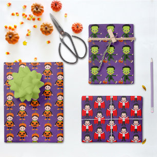 Feuille De Papier Cadeau Vampire d'Halloween pour enfants, Citrouille & Fra