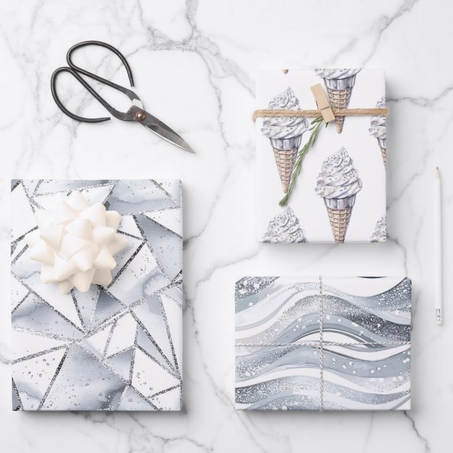 Feuille De Papier Cadeau Vanilla Argent Confetti Ice Cream Cone Anniversair (Recto)