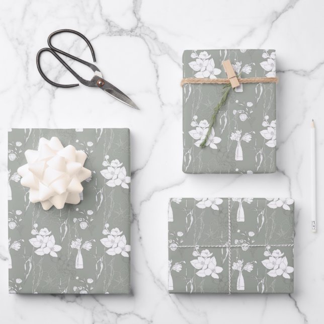 Feuille De Papier Cadeau Vase de fleurs et de floraisons gris pastel (Recto)