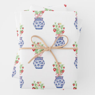 Feuille De Papier Cadeau Vases de Chinoiserie de fraises rouges