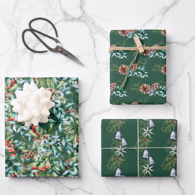 Feuille De Papier Cadeau Végétation d'hiver, cloches et Pinecone Noël (Recto)