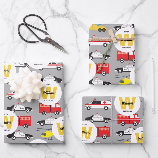 Feuille De Papier Cadeau Véhicules d'urgence Transport Nom de l'anniversair (Recto)
