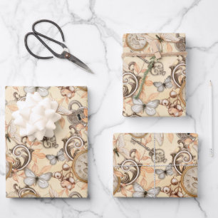 Feuille De Papier Cadeau Veille à vapeur vintage et papillons Pastel