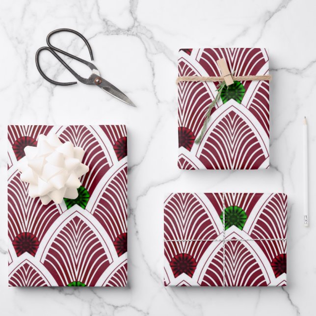 Feuille De Papier Cadeau Ventilateur Sunburst Art Déco en Rouge Vacances Lu (Recto)