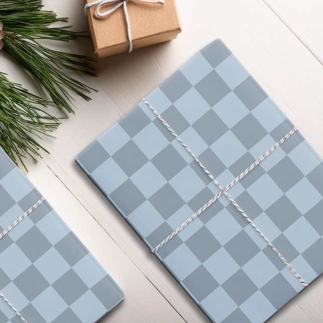 Feuille De Papier Cadeau Vérifier À damiers bleu Dusty (Créateur téléchargé)