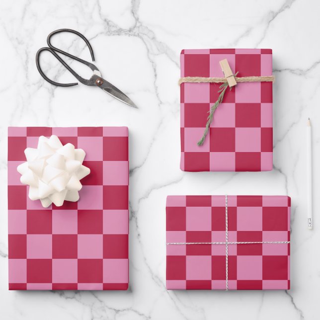 Feuille De Papier Cadeau Vérifier Motif Magenta Et Rose (Recto)