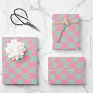Feuille De Papier Cadeau Vérifier Motif Mint Vert Et Rose Checkerboard