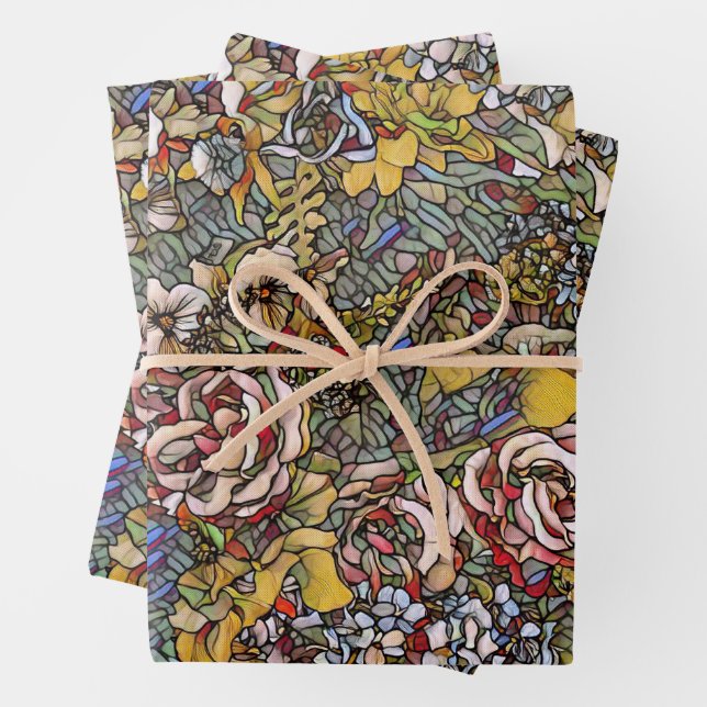 Feuille De Papier Cadeau Verre verni Botanique Floral (En situation)
