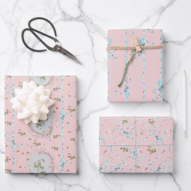 Feuille De Papier Cadeau Versailles Strawberrys & Ribbons Rose (Recto)