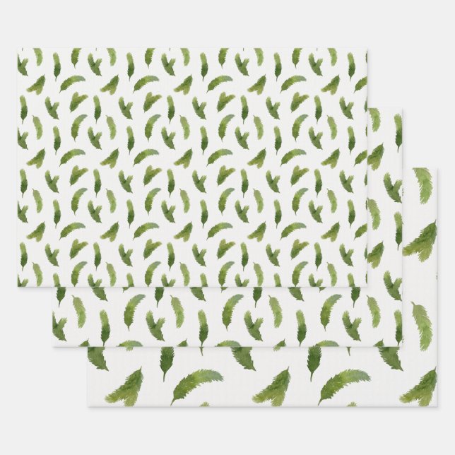 Feuille De Papier Cadeau Vert Aquarelle Pine Branches Arbre Noël (Lot)