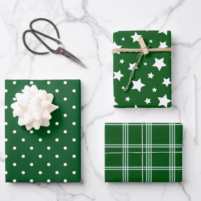 Feuille De Papier Cadeau Vert Blanc Pois Étoiles Plaid Holiday (Recto)