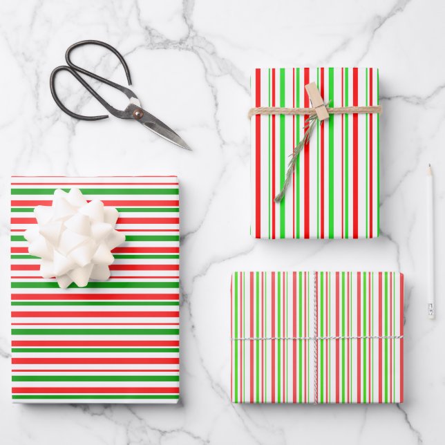 Feuille De Papier Cadeau Vert, Blanc, Rouge Lignes Thématiques de Noël de c (Recto)