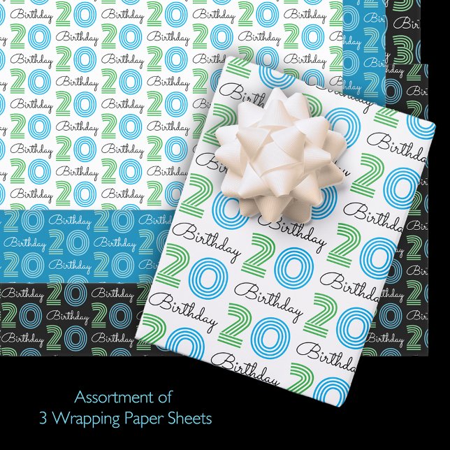 Feuille De Papier Cadeau Vert bleu 20e anniversaire (Créateur téléchargé)