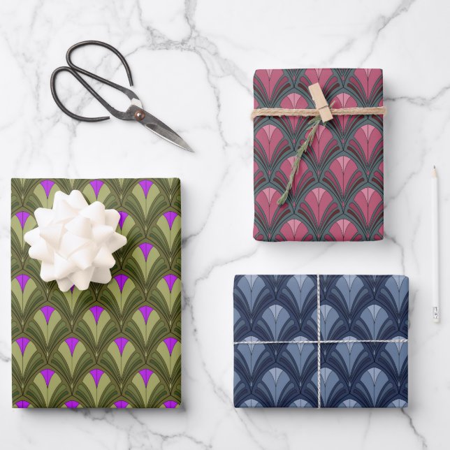 FEUILLE DE PAPIER CADEAU VERT BLEU ROSE GRAS ART DÉCO MOTIF (Recto)
