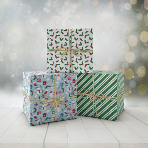 Feuille De Papier Cadeau Vert Bleu Rouge Cute Cosy Motifs de Noël