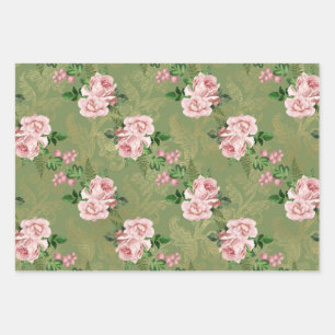Feuille De Papier Cadeau Vert et or aux roses roses roses