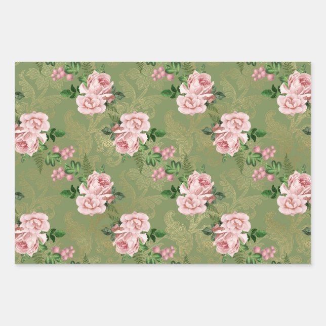 Feuille De Papier Cadeau Vert et or aux roses roses roses (Devant)