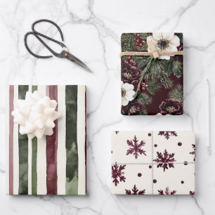 Feuille De Papier Cadeau Vert Floral Noël Rayures Bordeaux