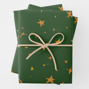 Feuille De Papier Cadeau Vert foncé Abstrait avec étoiles d'or
