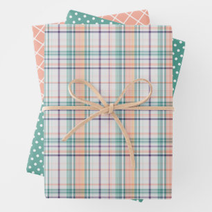 Feuille De Papier Cadeau Vert Menthe Corail Orange Violet Rayures Points