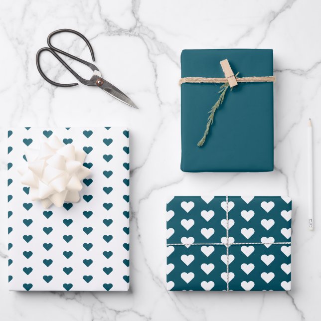 Feuille De Papier Cadeau Vert moderne Coeur Bleu Motif Noël (Recto)