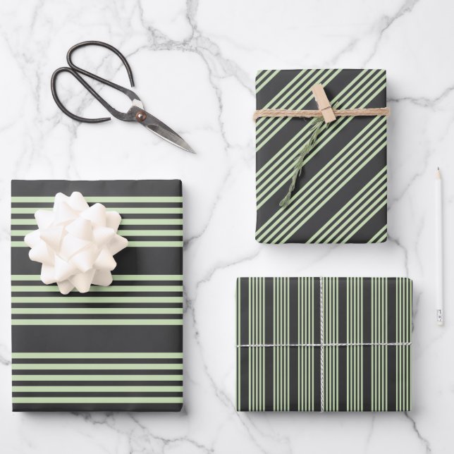 Feuille De Papier Cadeau Vert pâle et charbon cinq bandes motif (Recto)