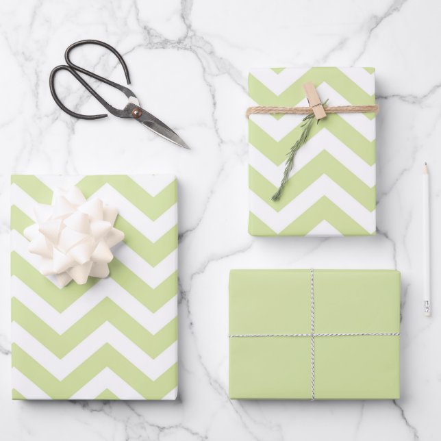 Feuille De Papier Cadeau Vert pastel et blanc chevron Mariage Anniversaire (Recto)