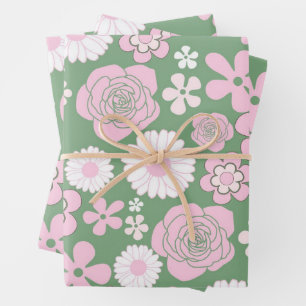 Feuille De Papier Cadeau Vert rose blanc rétro Y2K les années 70 Fleur Moti