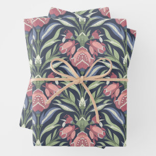 Feuille De Papier Cadeau Vert rose Bleu Art Nouveau Crème Florale Vert