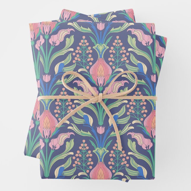 Feuille De Papier Cadeau Vert rose vif Bleu Art Nouveau Floral (En situation)