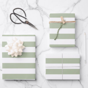 Feuille De Papier Cadeau Vert sauge clair et rayures blanches