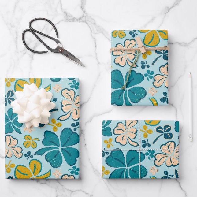 Feuille De Papier Cadeau Verte Lucky Shamrock Clover Saint Patrick`s Day (Recto)