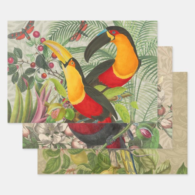 Feuille De Papier Cadeau Vibrant Tropical Toucan Birds Art Exotic Jungle (Lot)