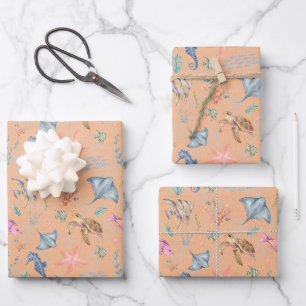 Feuille De Papier Cadeau Vie océanique à l'aquarelle Orange clair texturé
