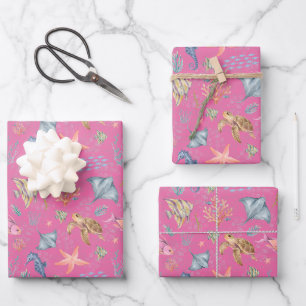 Feuille De Papier Cadeau Vie océanique aquarelle rose texturée