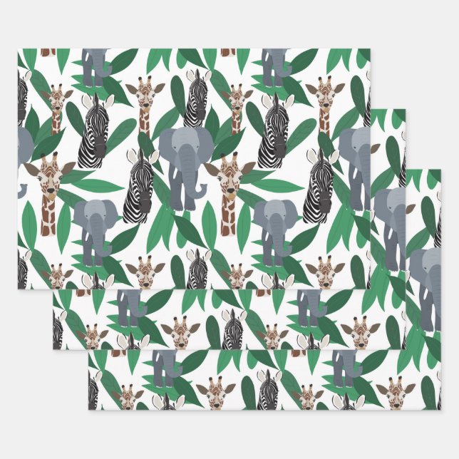 Feuille De Papier Cadeau Vierge Zebra Elephant Giraffe Safari Animals (Lot)