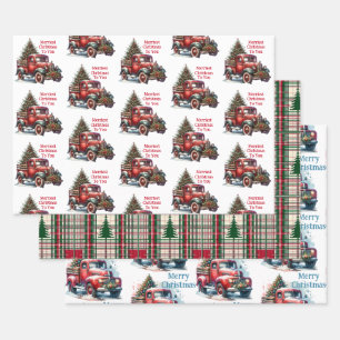 Feuille De Papier Cadeau Vieux Noël Vintage Camions rouges