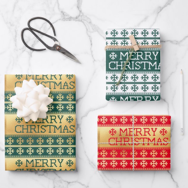 Feuille De Papier Cadeau Vilain pull Joyeux Noël tricoté motif (Recto)