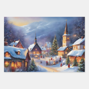 Feuille De Papier Cadeau Village de Noël dans les montagnes Hiver