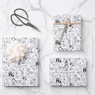 Feuille De Papier Cadeau Village de Noël pour enfants Whimsical Black & Whi