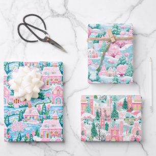 Feuille De Papier Cadeau Village de Noël rose et bleu