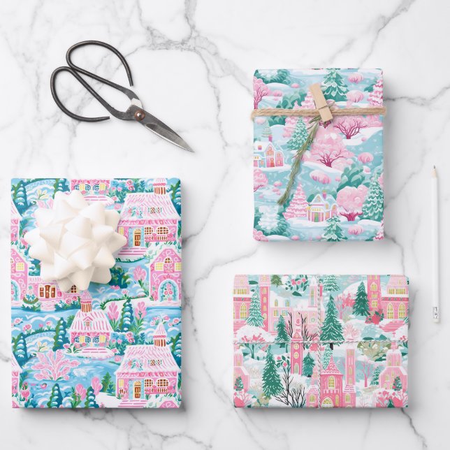 Feuille De Papier Cadeau Village de Noël rose et bleu (Recto)