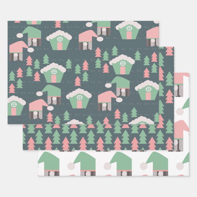 Feuille De Papier Cadeau Village de Noël rose Gnomes (Lot)