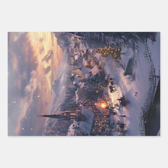 Feuille De Papier Cadeau Village de Noël Rues couvertes de neige Découpage (Devant 2)