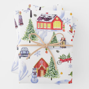 Feuille De Papier Cadeau Village de Noël Vintage avec sapin de Noël