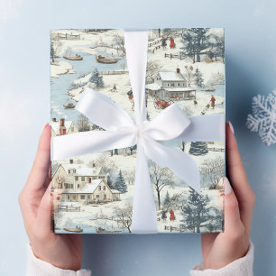 Feuille De Papier Cadeau Village de Noël Vintage Rustique