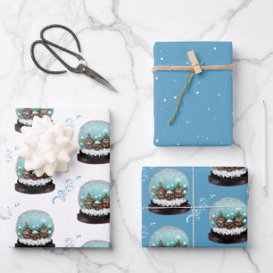 Feuille De Papier Cadeau Village d'hiver boule de neige en verre Noël Bleu 
